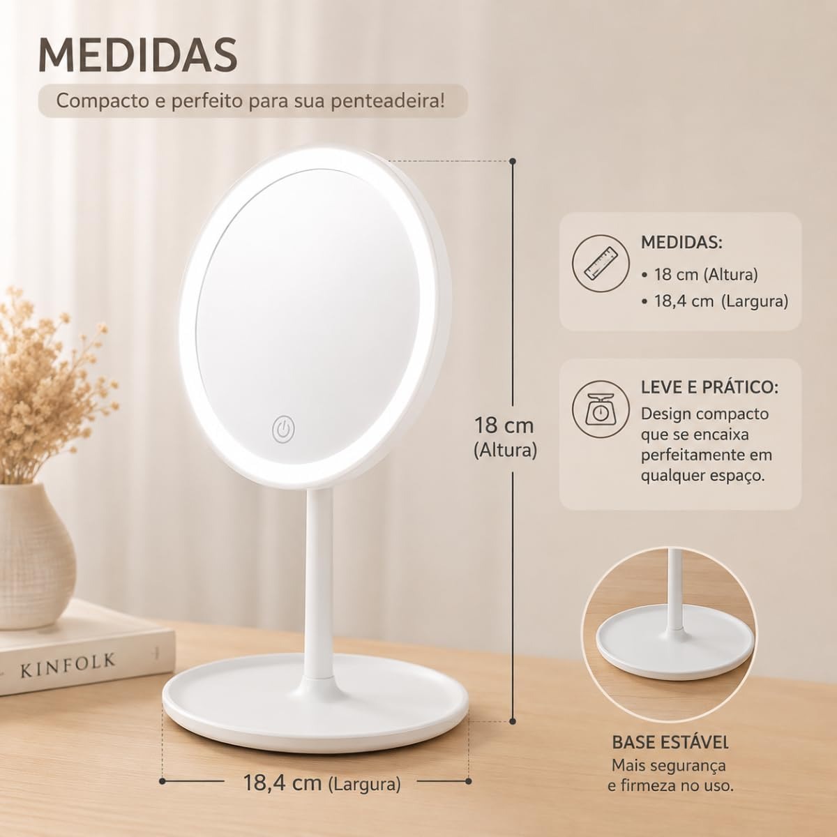 Espelho de Maquiagem LED com Touch Screen, Portátil, Recarregável via USB-C, Redondo, com Base Organizadora para Viagem, Barbear - Qualidade Premium